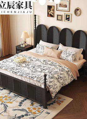 黑色轻奢美式双人床1.8米储物高箱1.5m雕花中古风法式复古实木床