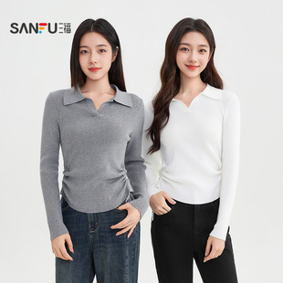 三福毛衣2025秋季 505633 可调抽绳绑带polo领毛针织衫 上衣女装