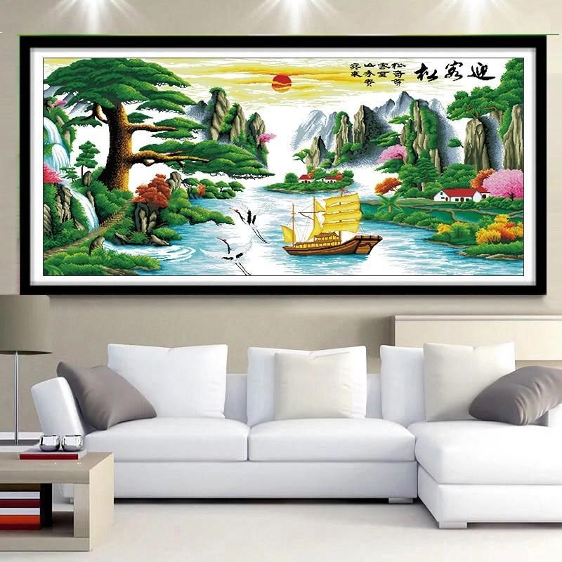 山水画2023新款线o绣客厅大气迎客松十字绣风景大幅流水生财自己,居家布艺,钻石绣,淘宝优惠券,粉丝福利购,淘宝优惠卷