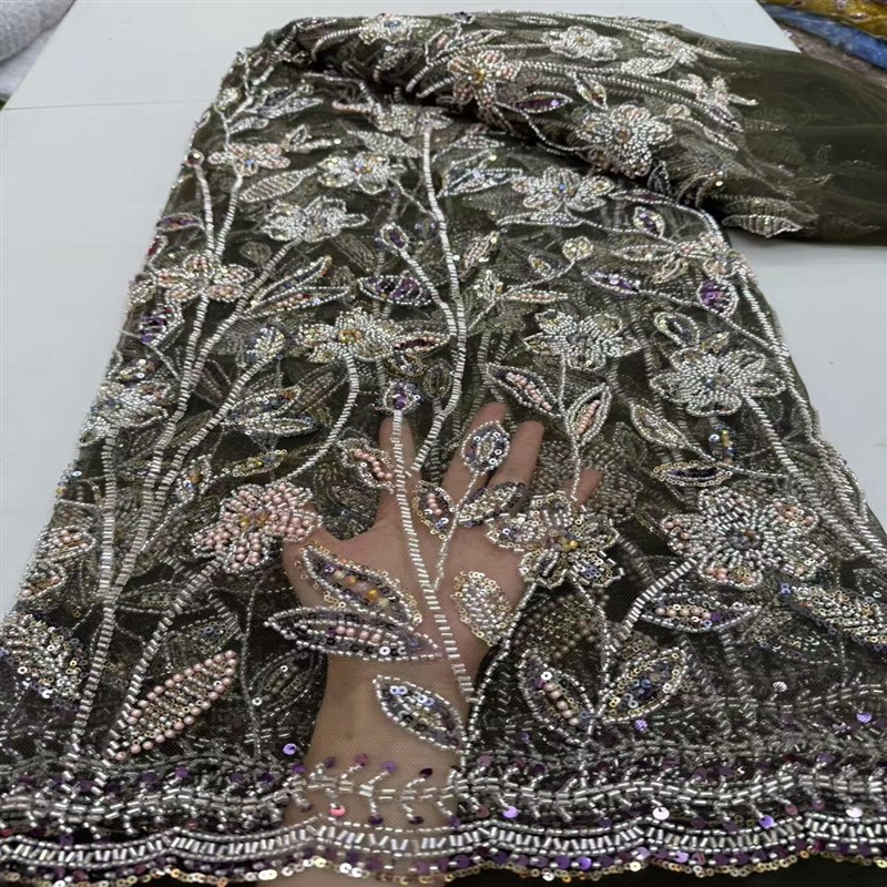 重工钻石珠绣网纱珠子面料婚纱礼C服珠管绣花布亮片面料刺绣布料