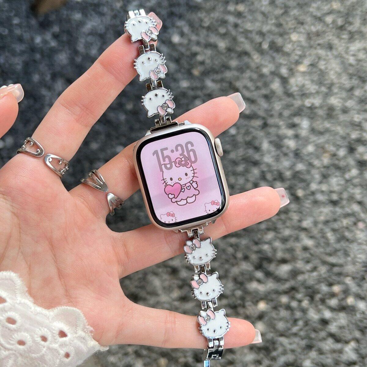 金属可爱KT猫头手表带适用苹果手表11/10/9表带iwatch