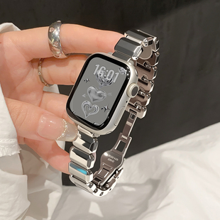 适用苹果watch11手表表带s10新款小方糖金属链条s9腕带高级蝴蝶扣applewatch配件小香风41mm智能运动s8s7爆款