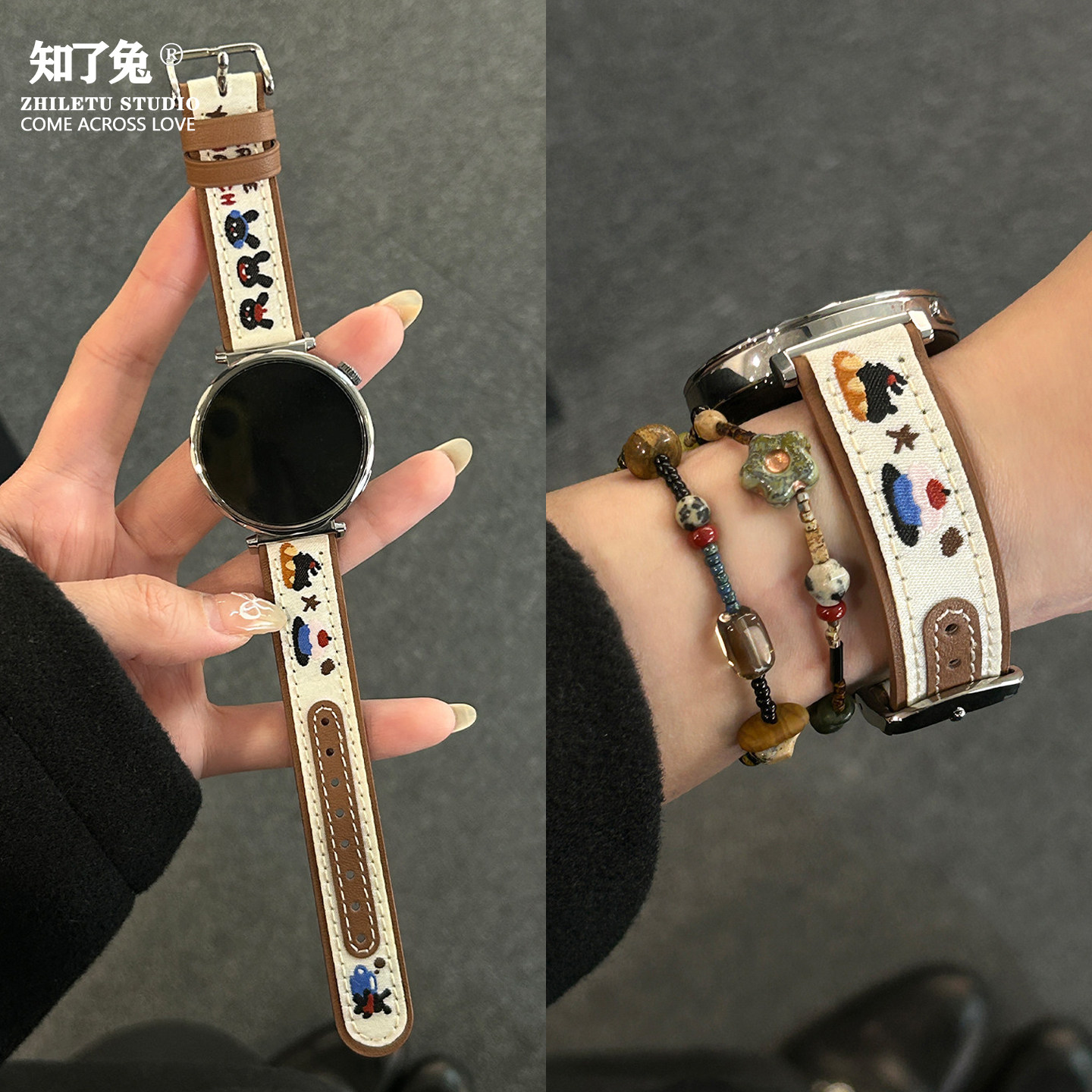 知了兔华为GT/Watch兔纹真皮带图片