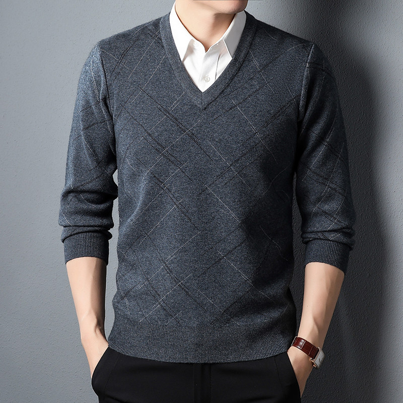恒源祥V领羊毛衫男不起球可机洗毛衣鸡心领爸中年加厚大码打底衫
