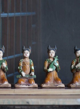 仿古唐三彩乐器佣k胖妞侍女俑老物件瓷器陶器古玩收藏影视道具装