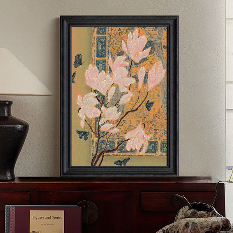 法式小众客厅餐厅k粉色桃花中古风挂画入户玄关装饰画丙烯手绘油