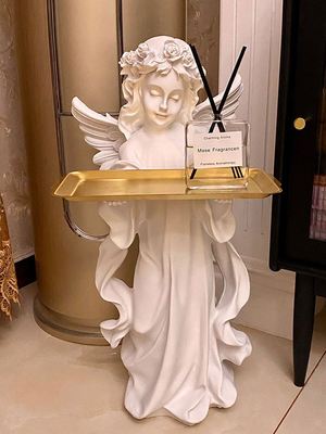 欧式复古天使落地摆件托盘客厅玄关钥匙创意桌面装饰品石膏像雕塑