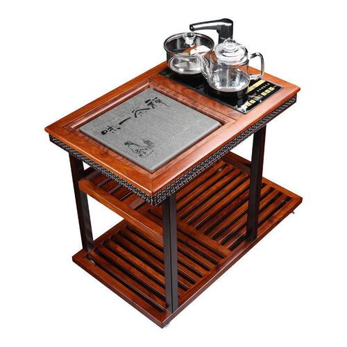 花梨实木茶车家用移动茶台中式茶水柜带轮茶桌乌金石X茶盘茶具套