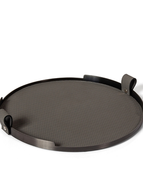 现代圆形编织皮质黑色金属托盘z样板房家居客厅餐厅桌面收纳盘摆