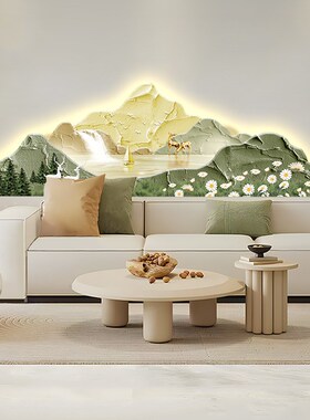 日照金山客厅装饰画奶油风沙发背景墙挂画绿色Q小清新卧室壁画灯