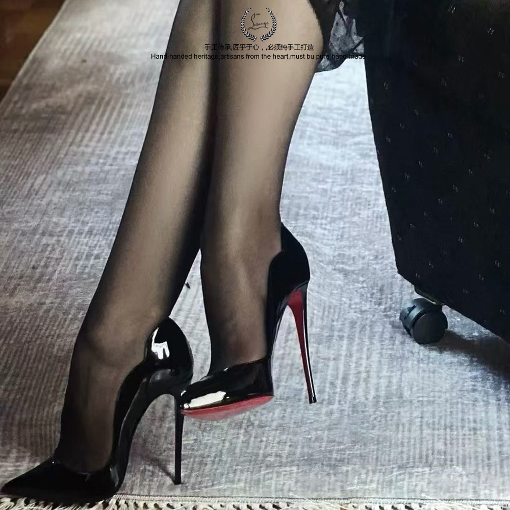 真皮高版Hot Chick 12cm黑色漆皮红底高跟鞋尖头浅口细跟单鞋13cm