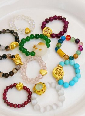 新款小众设计石头玛瑙菩提米珠串珠戒指 复古美拉德指环时尚手饰