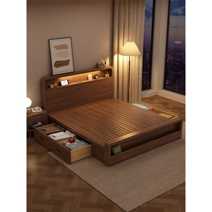 北陌家居官方店官网实木床简约北欧胡桃色1.8m双人床主卧储物床