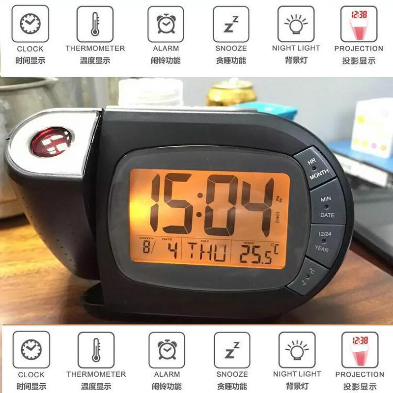 高档投影闹钟静音电子闹钟创意夜光懒人多功能小闹钟温度计万年历
