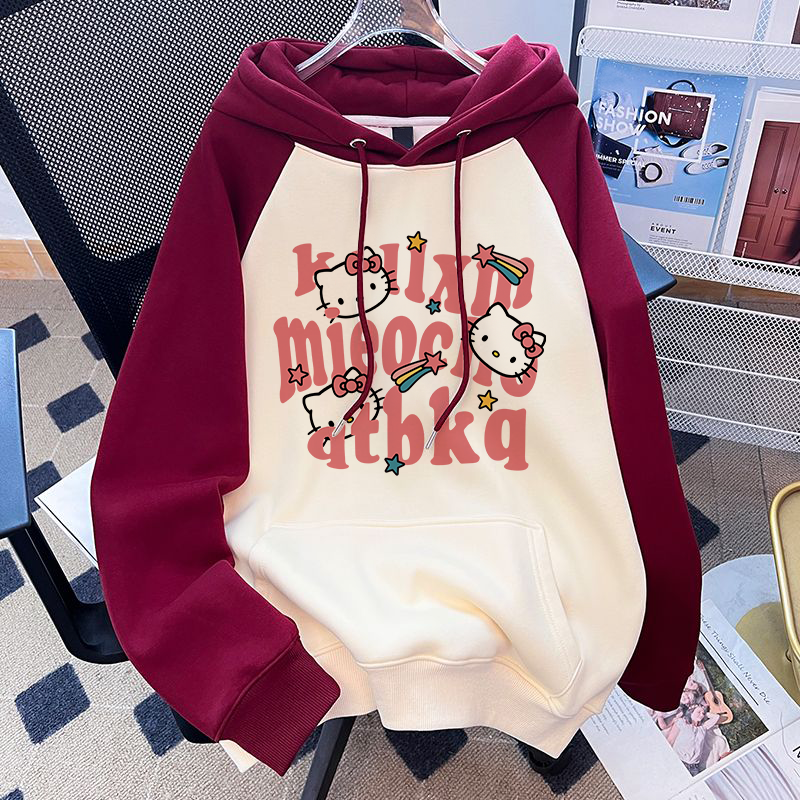 秋冬2025新款凯蒂猫拼色卫衣女连帽加绒加厚宽松可爱小众学生上衣