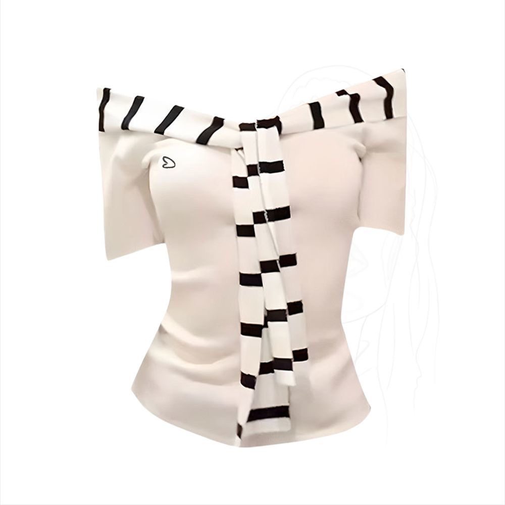 大码胖MM韩系白色一字肩V领撞色短袖T恤女夏季纯欲风修身披肩上衣,女装/女士精品,T恤,淘宝优惠券,粉丝福利购,淘宝优惠卷