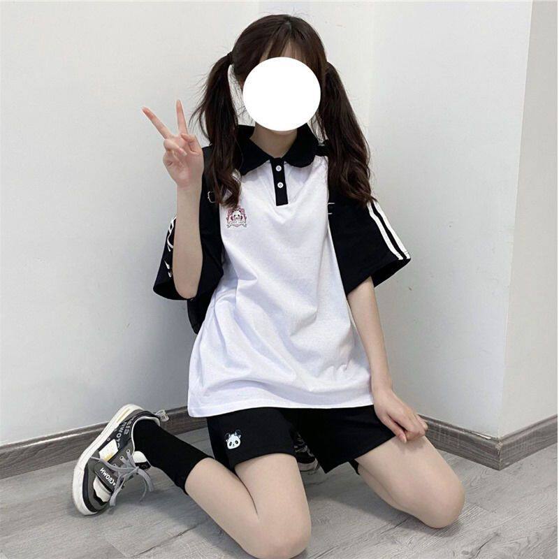 2026夏季新款学院风黑白Polo衫可爱休闲复古风少女学生宽松短袖女