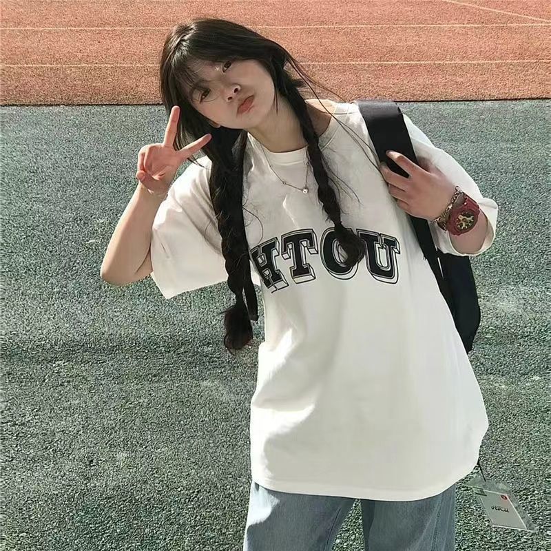 2025夏季t恤女学生韩系宽松百搭白色短袖设计感上衣字母印花撞色