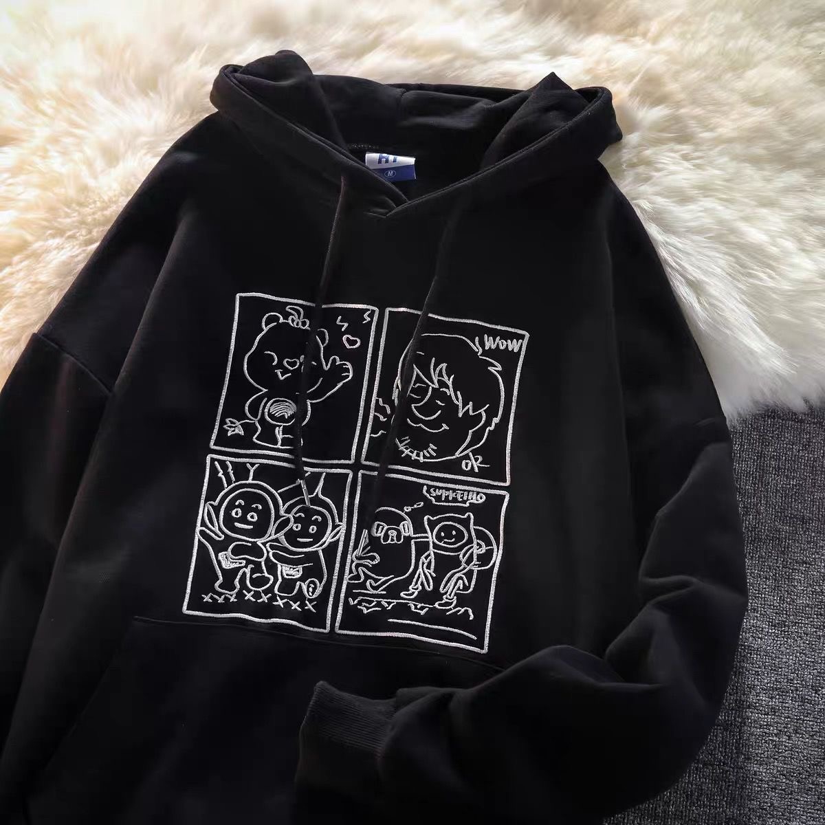 秋冬新款ins潮流卡通童年回忆简笔画外套宽松情侣套头ins连帽卫衣