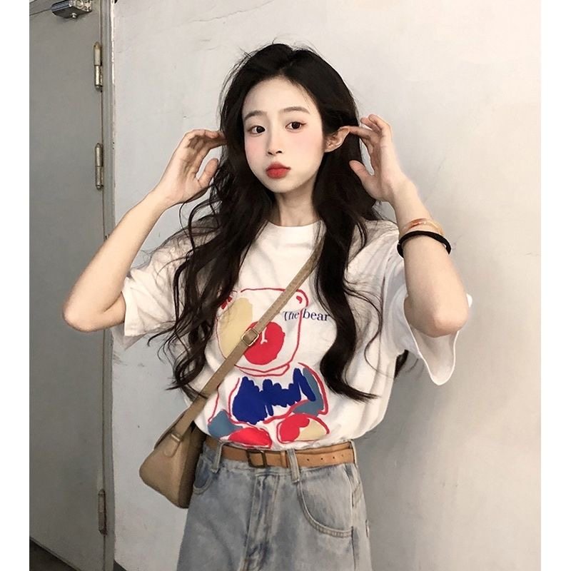 2026超可爱白色短袖夏季学生党新款印花百搭小熊上衣情侣装闺蜜装,女装/女士精品,T恤,淘宝优惠券,粉丝福利购,淘宝优惠卷