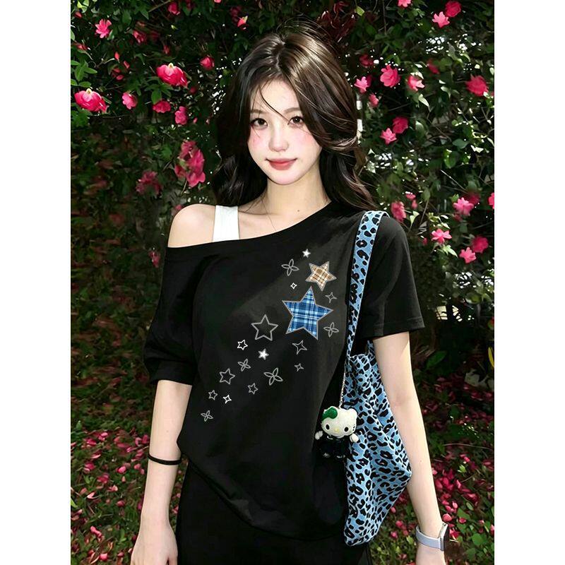 韩系斜肩时尚款短袖t恤女2026夏季新款高级感小众宽松百搭上衣潮