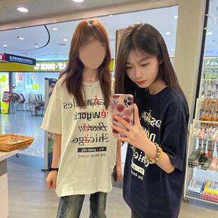 设计高级美式印花款短袖T恤女夏季宽松港味chic情侣闺蜜装上衣