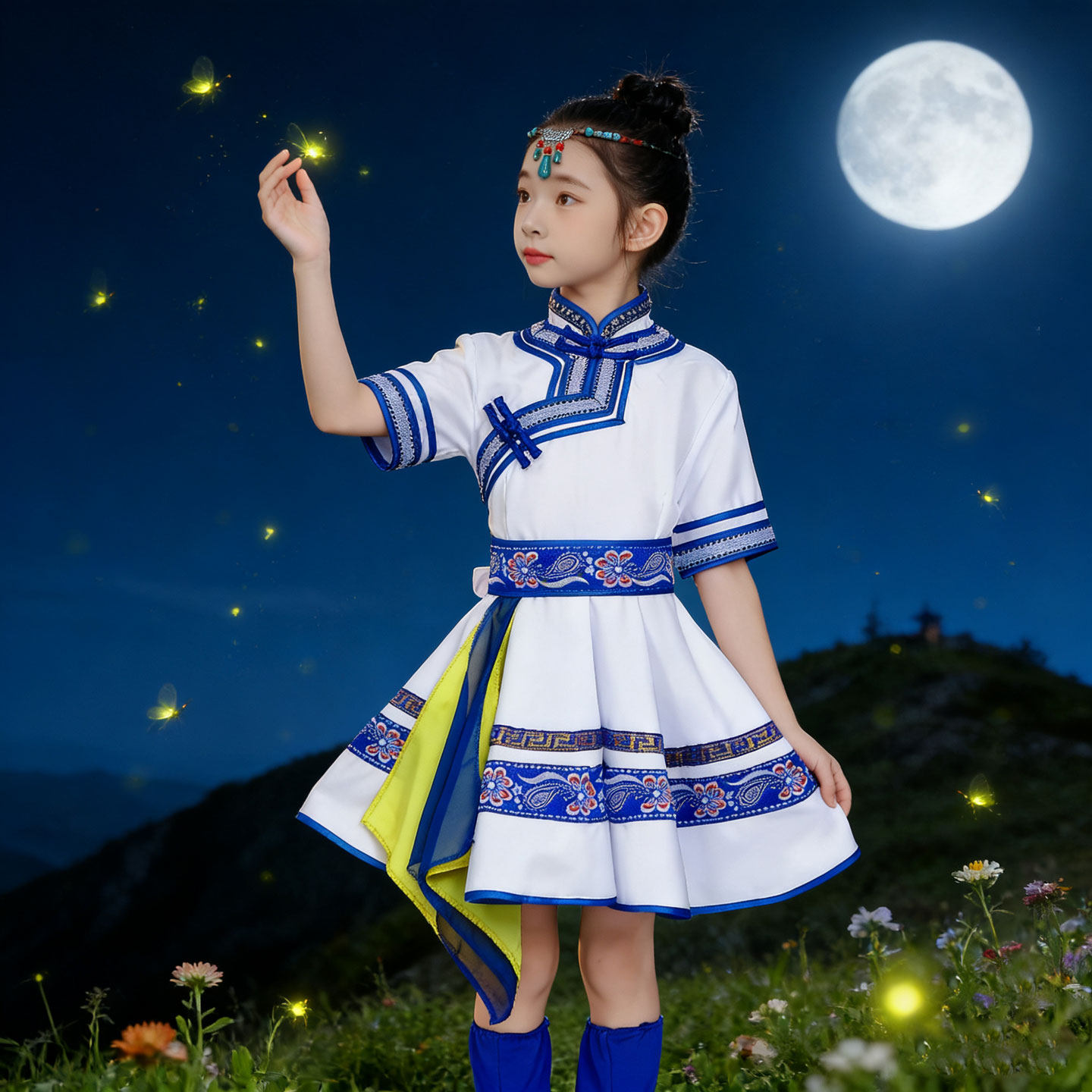 新款蒙古族舞蹈服儿童男女童少数民族服装筷子舞蒙古袍短袖演出服图片