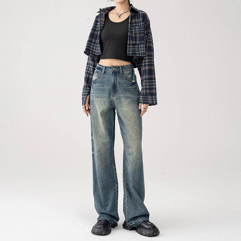 复古蓝阔腿牛仔裤女士秋冬2025新款女装高腰显瘦垂感宽松直筒裤子