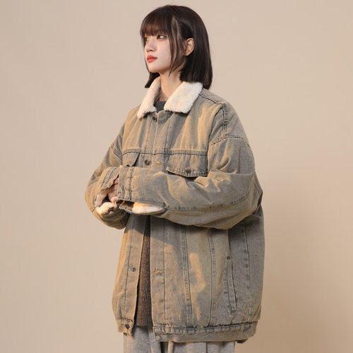 新品胖mm美式复古牛仔棉服女冬季加绒保暖工装夹克羊X羔毛外套大