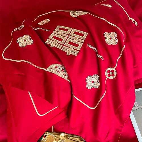 新品高端中式结婚四件套纯棉100支F床单被套大红喜被刺绣全棉床上