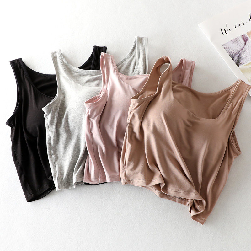 极速莫代尔女夏带胸垫吊带背心露脐文胸一体短款内V衣裹胸外穿纯