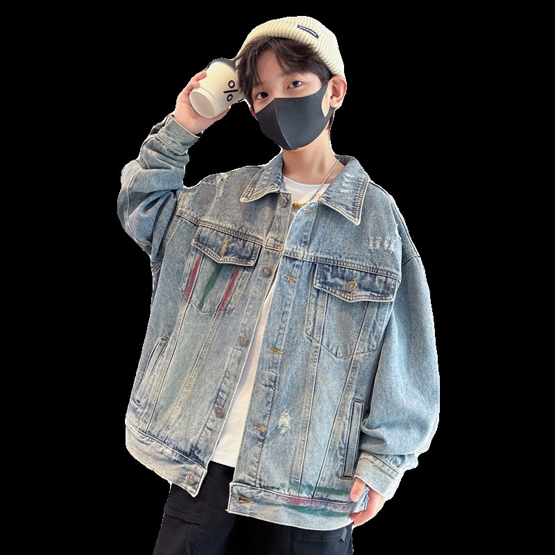 极速男童复古破洞涂鸦牛仔外套x2024春秋新款儿童大童酷帅上衣春