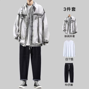 极速春秋涂鸦牛仔外套男潮t牌ins男生衣服搭配帅气一套高街夹克三
