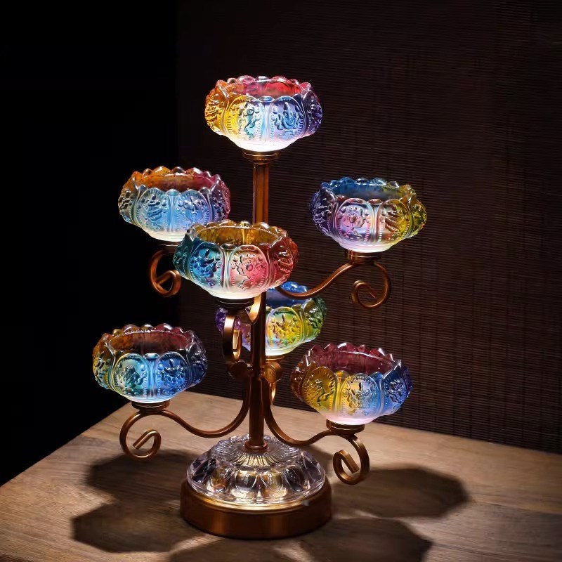 琉璃灯架供佛g灯家用七星莲花烛台摆件供佛前长明灯七彩酥油灯灯