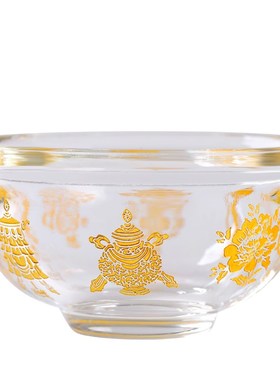 极速八吉祥水晶玻璃描金水杯子观音圣水杯高脚水碗U室内桌面摆件