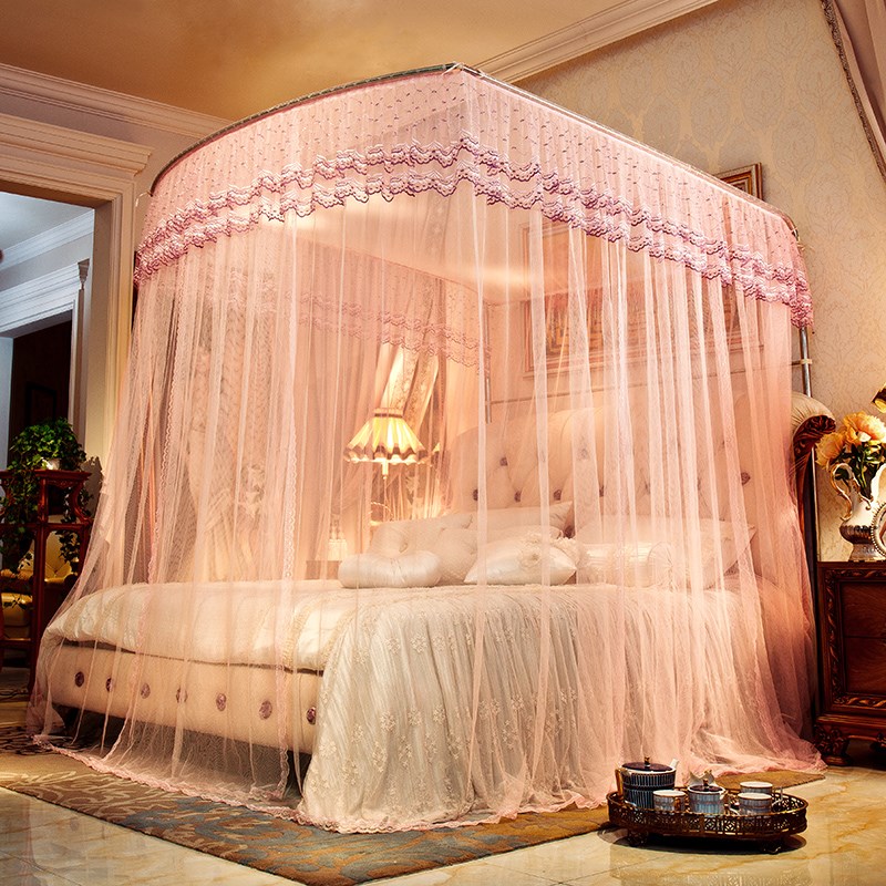 钓鱼竿伸缩蚊帐U型三开门不锈钢落地支架宫廷双人1.5m1.8米床家用