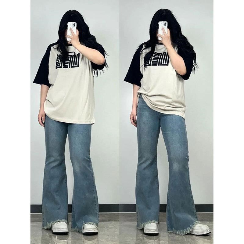 斤大码女装流苏微喇牛q仔裤女春秋裤子胖显瘦喇叭裤微胖女裤