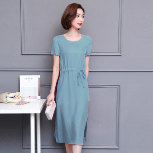 气质长裙 大码 宽松重磅真铜氨丝收腰显瘦遮肚子连衣裙女新款 短袖