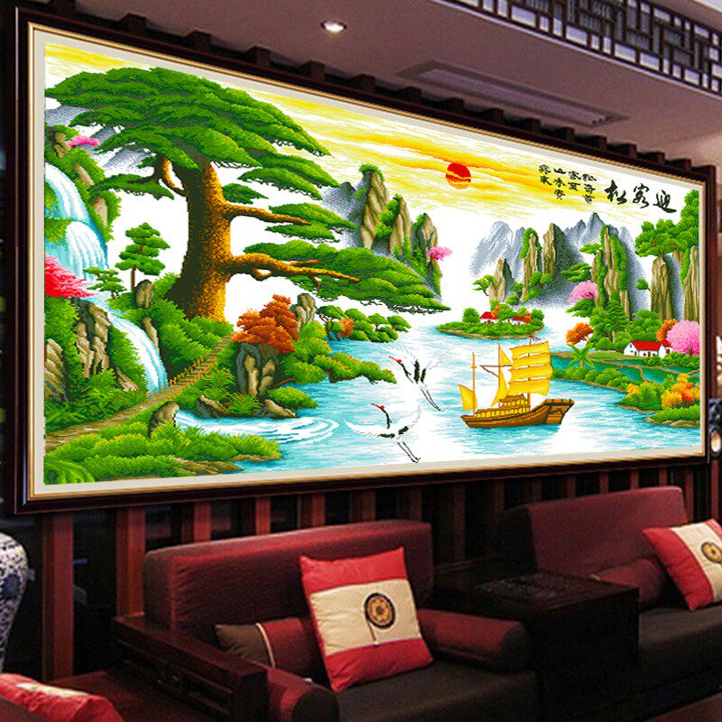 5D钻石画客厅迎客松风景十字绣新款山水大幅点贴钻石绣圆钻砖石秀