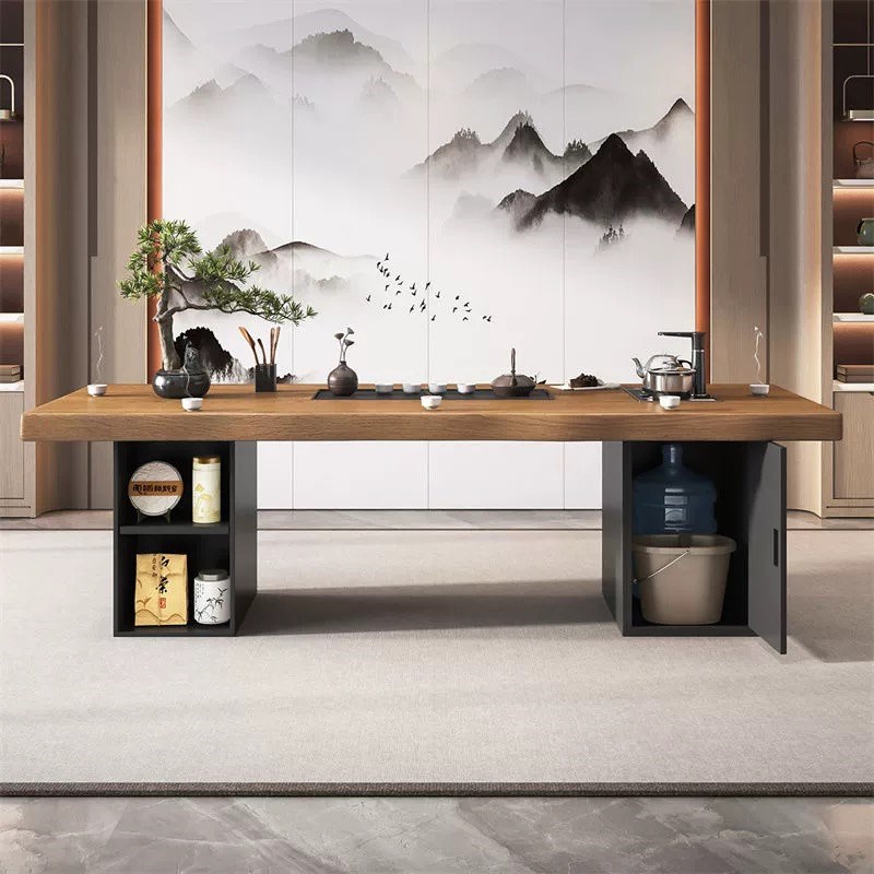 实木功夫茶桌中式乌金石茶盘一体带柜简I约客厅办公室泡茶桌椅组
