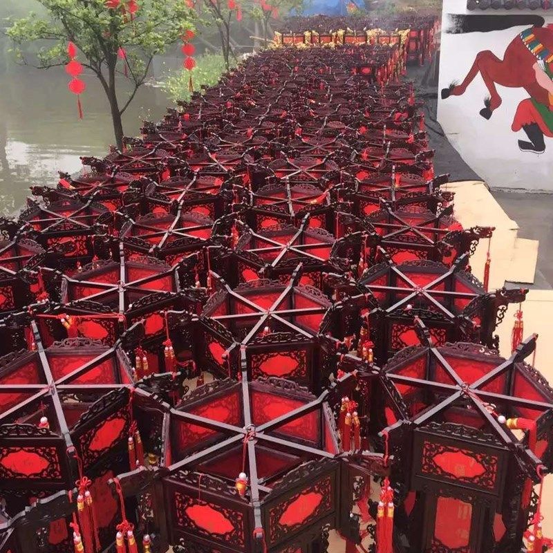 过年户外阳台吊灯木质宫灯仿古春节六角羊皮古典实木中式大红灯笼