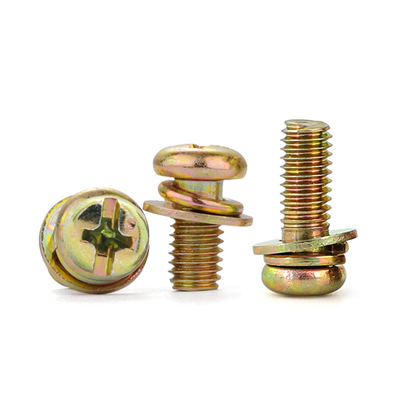 三组合螺丝镀彩十字盘头镀镍gb9074圆头带垫螺钉不锈钢三组合螺钉