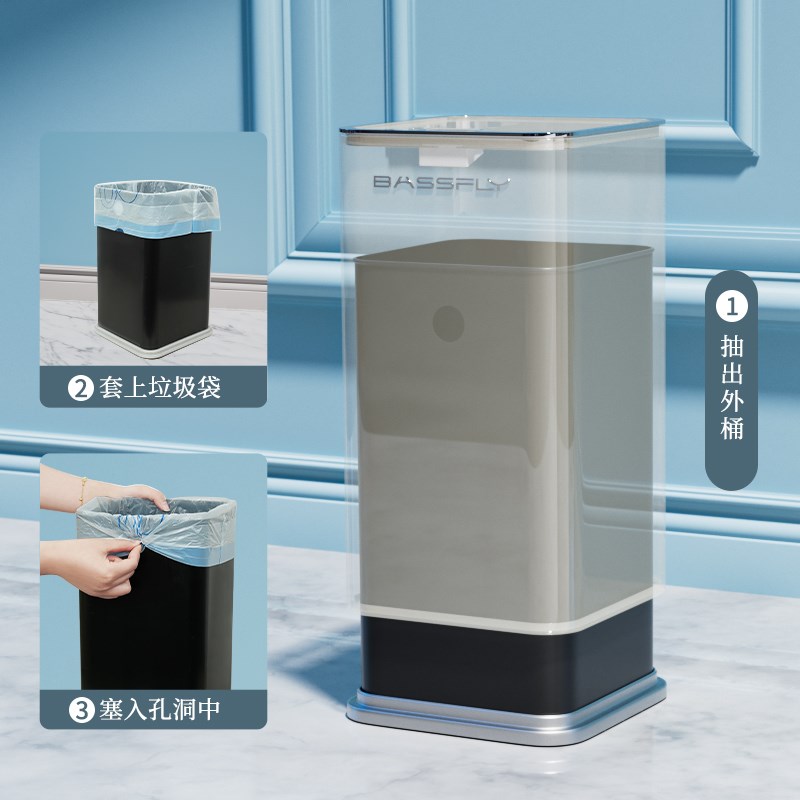 24新款不锈钢手按垃圾桶 轻奢双层卫生桶带滚轮客厅厨房卫生间