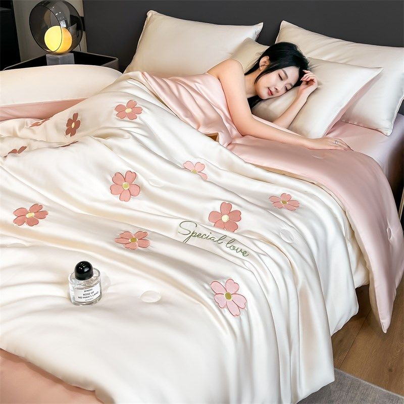 夏季裸睡水洗真丝夏凉被四件套凉感冰丝空调被单双人薄被子可机洗