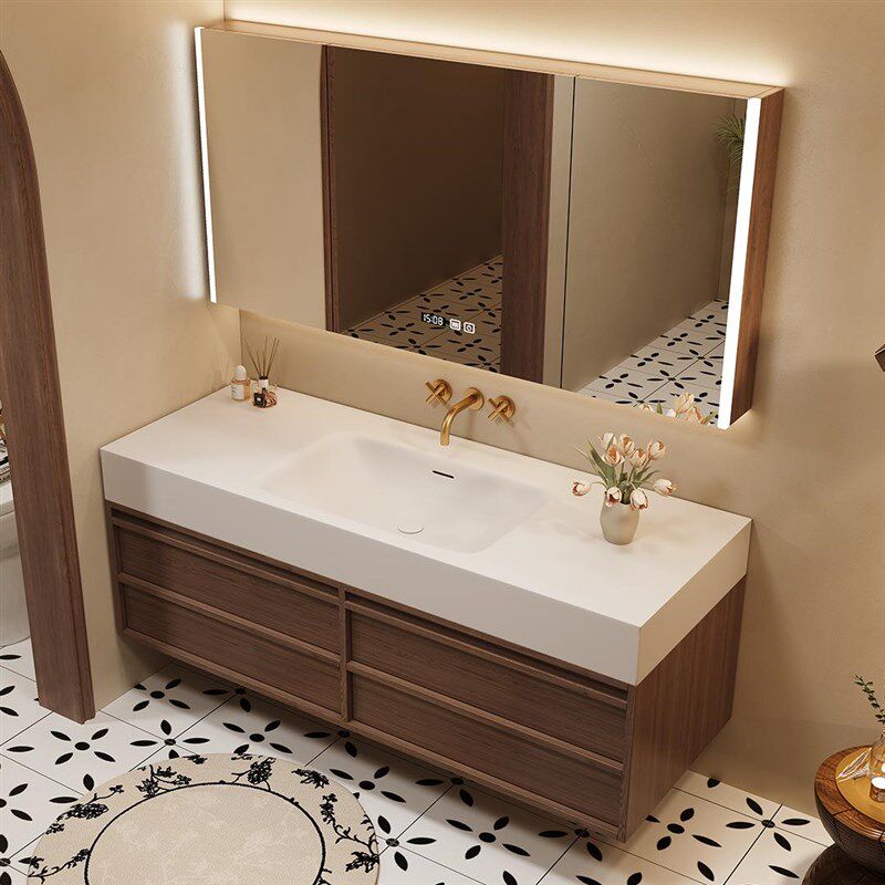 中古风骨骼线浴室柜组合可丽耐一体盆洗漱台岩板热弯无缝洗手脸盆