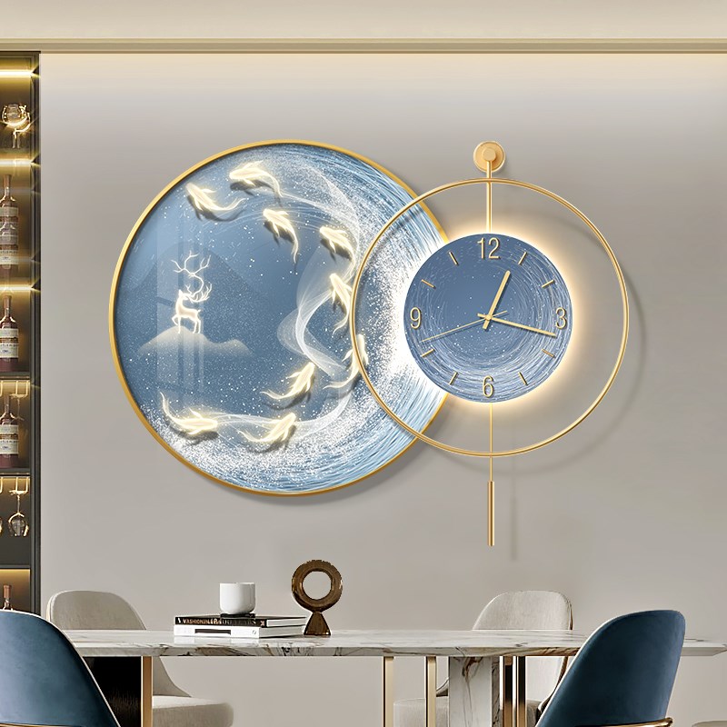 餐厅装饰画轻奢高档客厅餐桌y背景墙挂画带钟表九鱼图现代简约壁