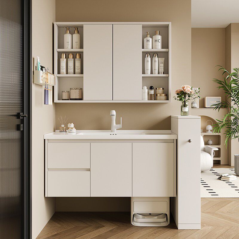 橡木浴室柜隐藏风水镜柜陶瓷一体盆定制尺寸扫地机器人基站洗漱台