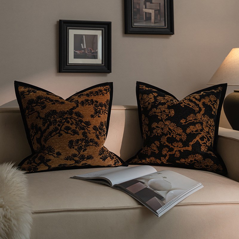 新中式雪尼尔提花客厅沙发抱枕靠法式中古风纯色黑边床头靠枕