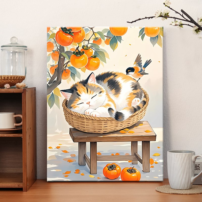 竹篮猫咪diy数字油画解压w手工画画填色颜料涂色画手绘丙烯装饰画