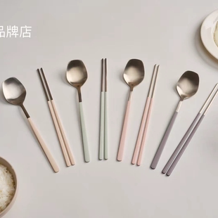 ins简约风 韩国原单 Cher食品级304不锈钢筷勺套装 喷漆手柄韩式
